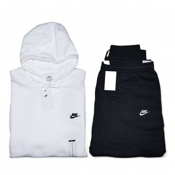 Nike Club Fleece 2 PC Sweatsuit Mens Size 4XL Cargo Tracksuit White Black NWT - Picture 1 of 9